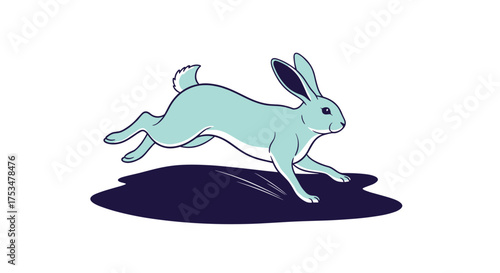 A light blue hare leaps forward with its ears pointed back leaving a dark blue shadow on a white background.