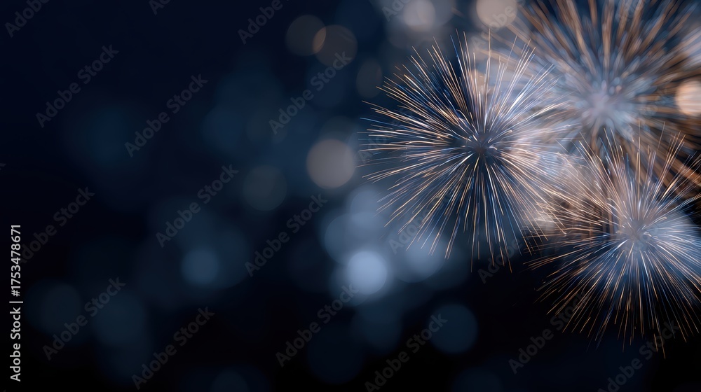 Fototapeta premium Gold and dark blue fireworks bursting in the night sky with bokeh, New Year Eve celebration, copy space included. Festive abstract background