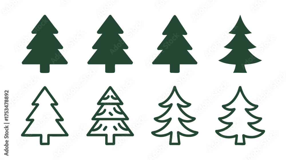 Obraz premium Collection of stylized christmas tree icons in green and outline