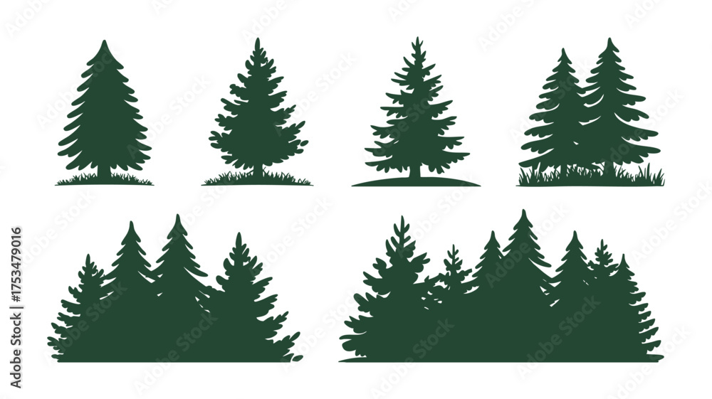 Obraz premium Silhouettes of various evergreen pine trees in a forest setting