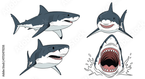 Dynamic depictions of powerful sharks showcasing their predatory nature and aquatic prowess in various striking poses.