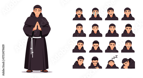 A pixel art representation of a monk praying alongside a collection of various facial expressions.