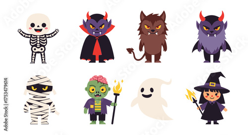 A delightful collection of eight adorable pixel art halloween characters including a skeleton mummy zombie werewolf ghost and witch.