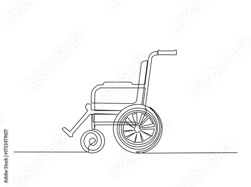 Wheelchair in single outline illustration. Continuous line art drawing of wheelchair - disability equipment. Editable stroke.