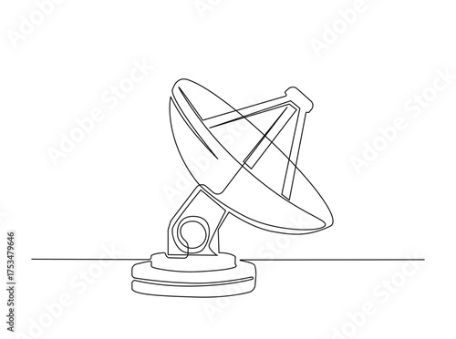 Parabolic antena disc  in single outline illustration. Continuous line art drawing of Satellite disc. Editable stroke.