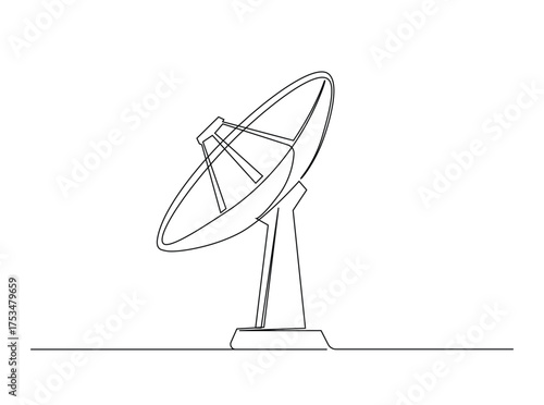 Parabolic antena disc  in single outline illustration. Continuous line art drawing of Satellite disc. Editable stroke.