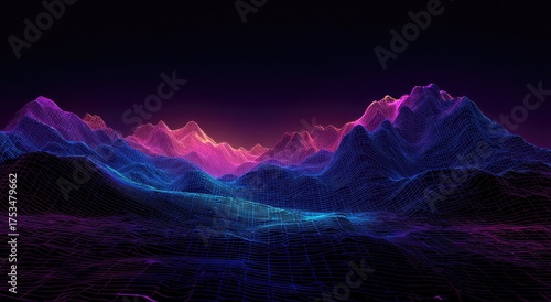 A digital landscape with mountains and a grid, illuminated by vibrant neon colors
