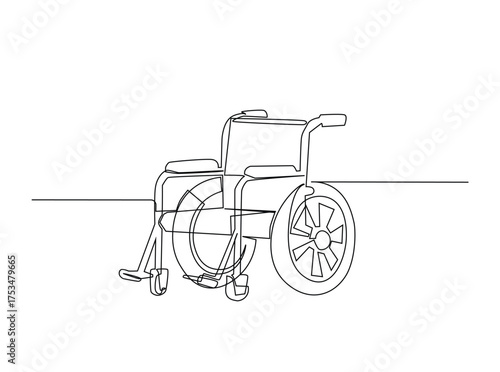 Wheelchair in single outline illustration. Continuous line art drawing of wheelchair - disability equipment. Editable stroke.