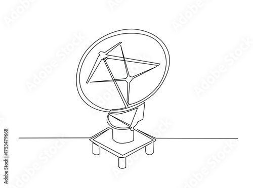 Parabolic antena disc  in single outline illustration. Continuous line art drawing of Satellite disc. Editable stroke.