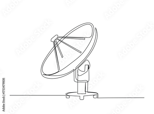 Parabolic antena disc  in single outline illustration. Continuous line art drawing of Satellite disc. Editable stroke.