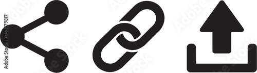 Share, link, and upload glyph icon set – includes connection, hyperlink, and file sharing symbols. Black simple web interface icons for social media, cloud, and communication design.