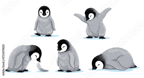 Captivating collection of fluffy baby emperor penguins showing various playful poses and cute activities.