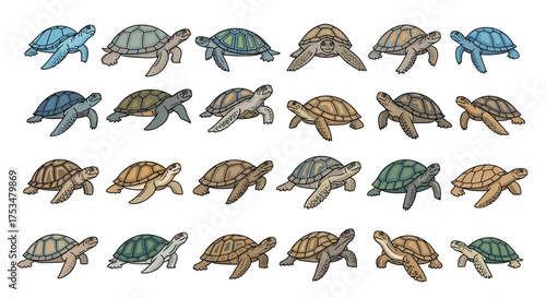 A collection of diverse sea turtles swimming in a tranquil aquatic environment with varying shell patterns and colors.
