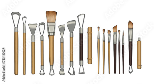 Set of ceramic art tools for sculpting and modeling clay with wooden handles