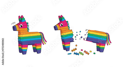 A colorful donkey piñata breaks apart into many small pieces on a white background.