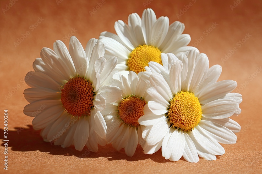 Fototapeta premium Four daisies with white petals and yellow centers rest against a warm, orange-brown backdrop