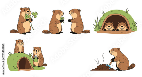 A delightful collection of adorable groundhogs engaged in various activities like foraging and burrowing.