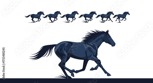 Majestic dark horse galloping across the plains with a herd of smaller horses behind it.