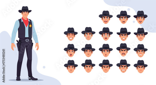 A detailed collection of cowboy character expressions for animation and illustration projects.