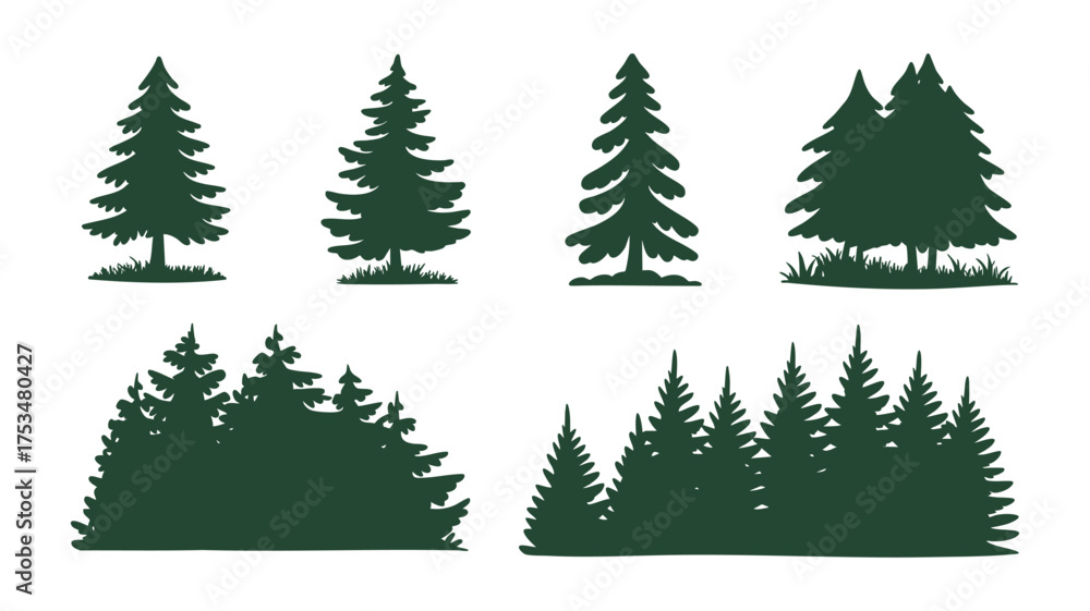 Obraz premium Collection of dark green pine tree silhouettes on a white background