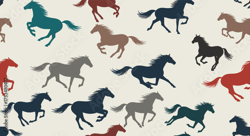 A dynamic herd of horses gallops across the canvas in a vibrant and energetic display of equestrian movement.
