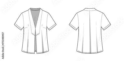 Blouse sketch, deep V-neck, pleated back yoke, vertical seams, fashion flat, garment design, clothing template, apparel illustration, vector outline, tailored style