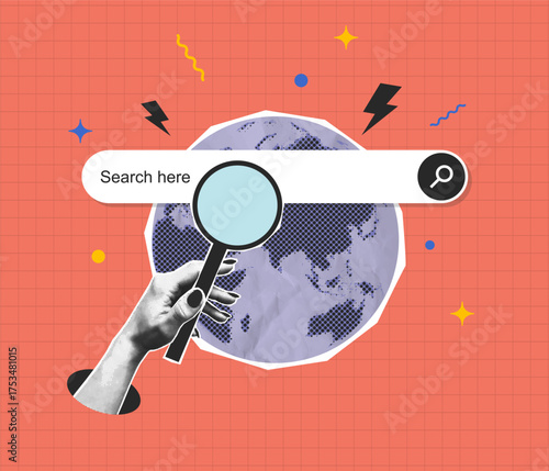 Collage of search bar with halftone hand holding magnifying glass and Earth globe. Concept of global search page. Collage design with halftone elements. Vector.