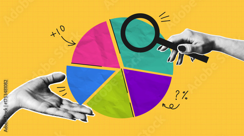 Collage banner with two halftone hand holding magnifying glass and circular diagram parts. Concept of business data graph or market share. Collage design with halftone elements. Vector.