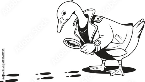 Cartoon goose wearing a trench coat and holding a magnifying glass investigates footprints