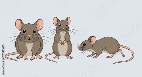 Three small brown mice in different poses on a light gray background.
