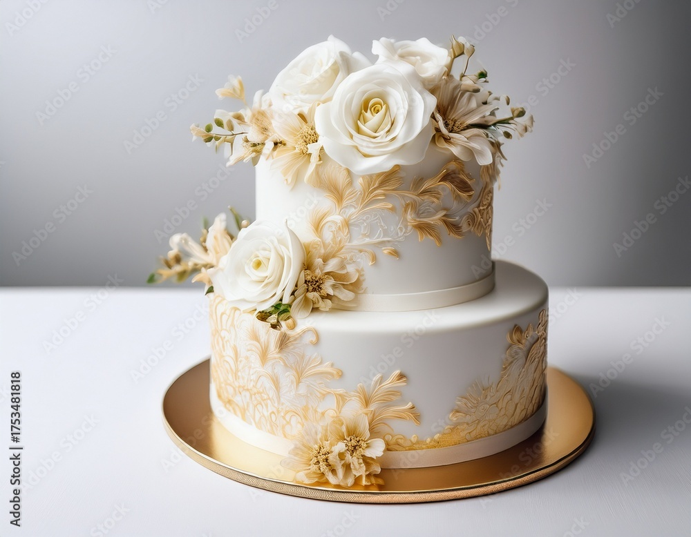 Fototapeta premium White layer wedding cake with white and gold sugar flowers on white table on white background with copyy space. Generated image