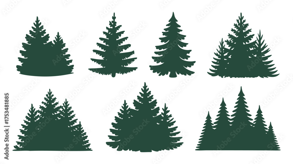Obraz premium Collection of dark green evergreen tree silhouettes