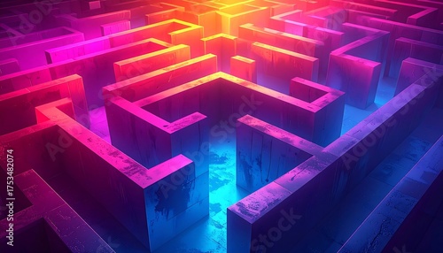 Abstract illustration of a complex, brightly-lit, 3D maze