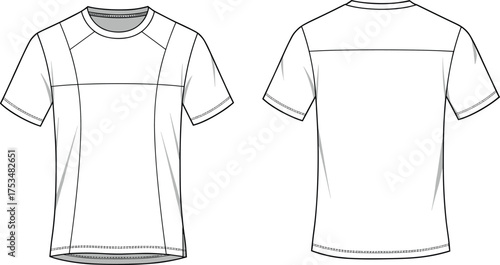 Athletic t-shirt sketch, raglan sleeves, chest panel, back yoke, curved hem, fashion flat, garment design, apparel illustration, vector outline, sporty style