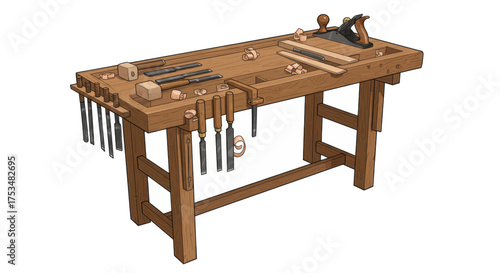 Wooden Workbench with Woodworking Tools for Crafting and DIY Projects
