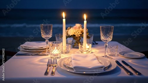 Romantic Beach Dinner A Luxurious Table Setting with Sunset Views for a Special Celebration