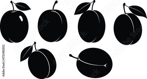 Black plum silhouette, fruit icon, minimal plum vector, plum shape variation, plum stem leaf, plum contour, plum illustration, plum design, plum graphic, plum artwork, plum clipart, plum set