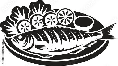 Stylized black and white illustration of a whole grilled fish with lemon slices and greens