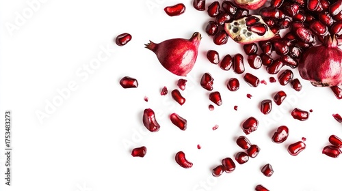 Fresh Pomegranate Seeds and Fruits Scattered on White Surface A Detailed Close-Up