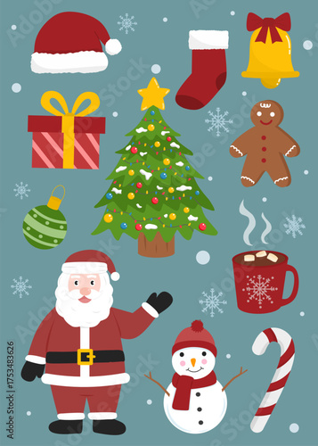 Colorful Christmas object illustration worksheet for kids featuring Santa Claus, Christmas tree, gingerbread, presents, and ornaments. Perfect for holiday learning or decoration.