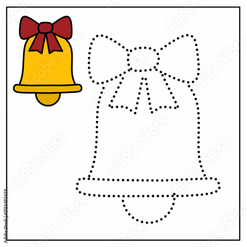 Christmas bell tracing worksheet for preschoolers. Kids trace the entire outline of a bell and bow using dotted lines to improve hand coordination and pencil control.