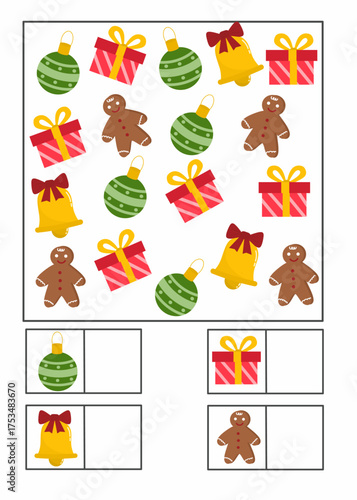 I can Spy Christmas worksheet for kids,.Count how many gifts, gingerbread men, bells, and ornaments you can find. Great for number recognition and observation skills.