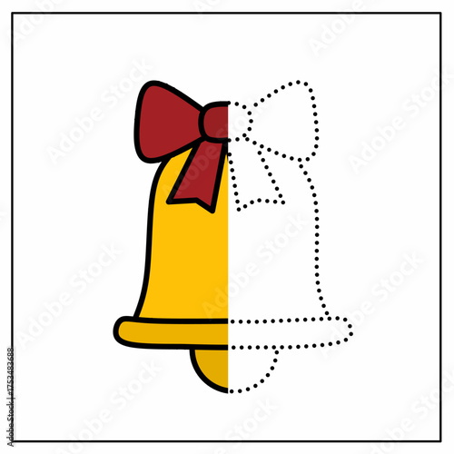 Christmas bell tracing worksheet for kids. Children trace the dotted half of a colorful bell with a bow to complete the drawing. Great for hand control and symmetry learning.