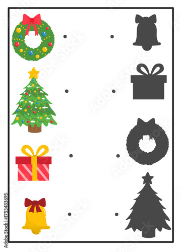Christmas matching activity worksheet for preschoolers. Children match holiday objects such as Christmas trees, presents, and wreaths to their shadows. Perfect for fine motor and visual skills practic