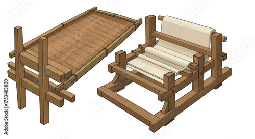 Traditional Japanese textile manufacturing equipment, including a loom and a processing table