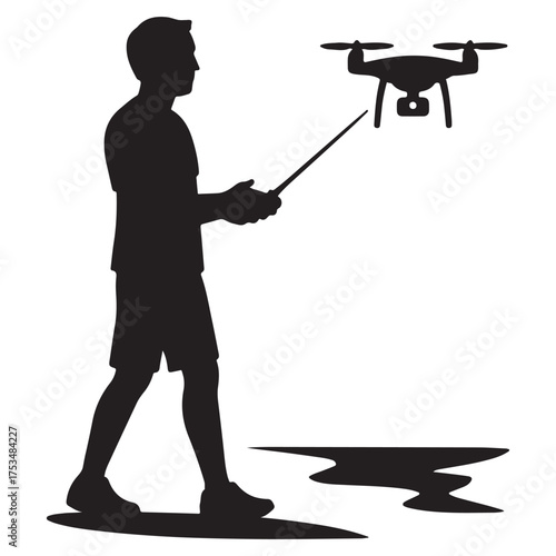Silhouette of a person holding a remote control and flying a drone in the air on a white background
