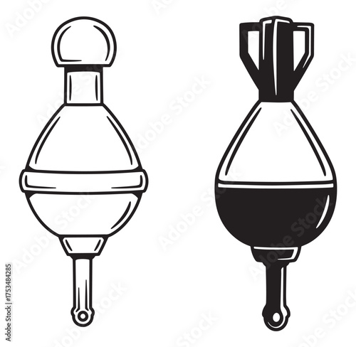 Illustrated vector graphic of fishing bobbers in black and white isolated on white