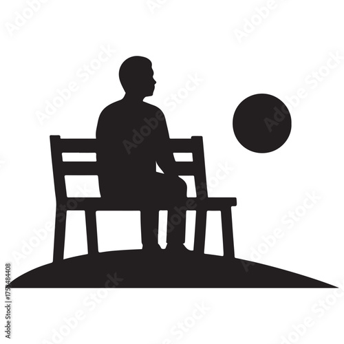Silhouette of a person sitting alone on a park bench looking at the moon or sun in a minimalist graphic style