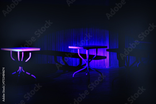 Neon-Lit Empty Tables in Darkness