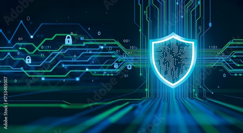 Cyber security concept with shield and circuit board on dark background